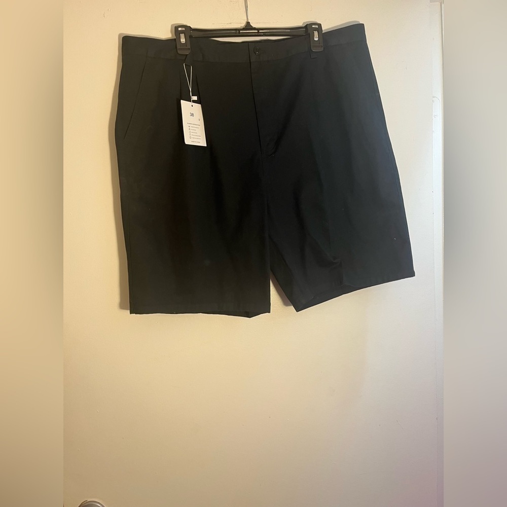 Men's Classic Fit Inseam Chino Oxford Shorts Pleated Flat Golf Shorts Black Navy - Picture 5 of 5